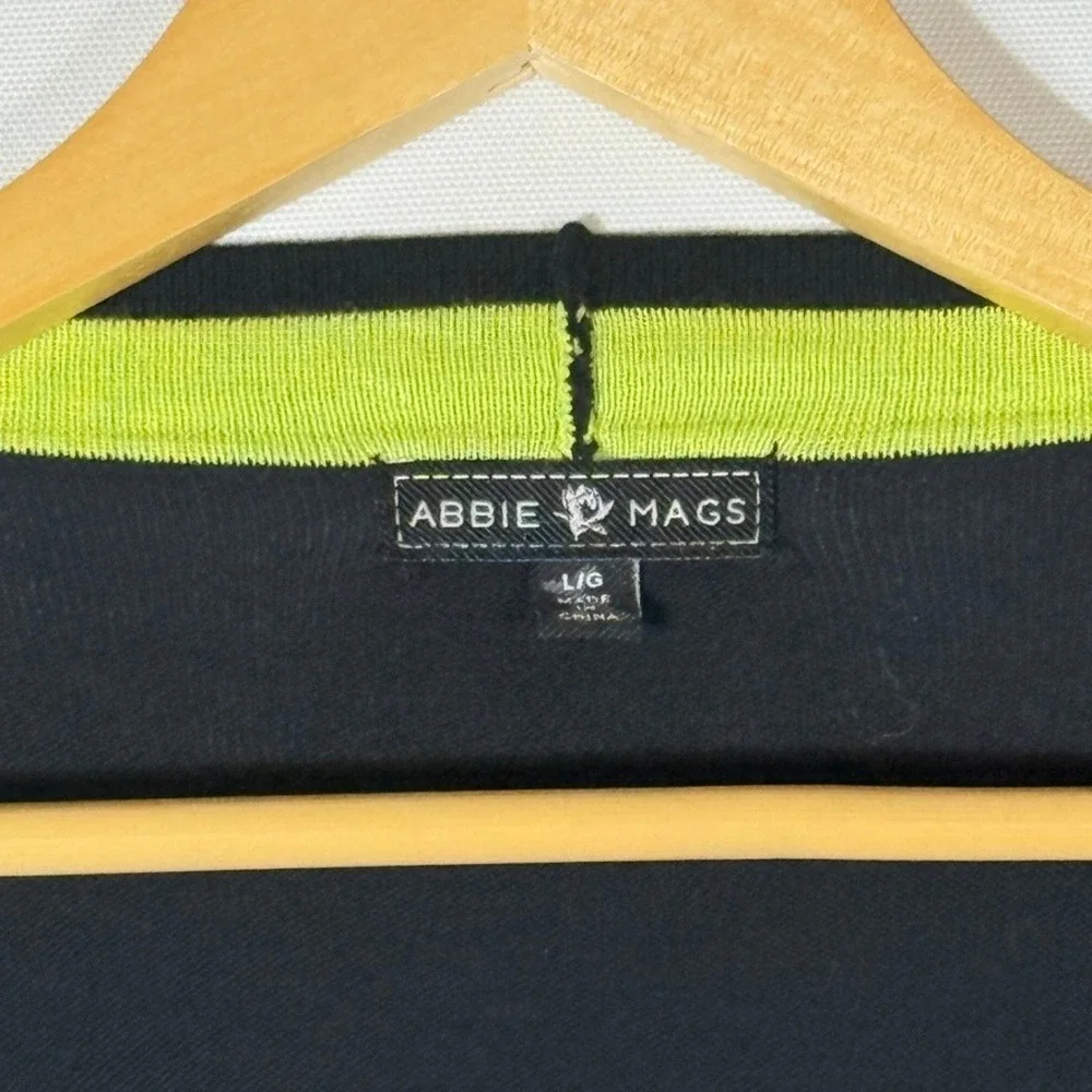 Abbie Mags Large Cardigan‎ Black Lime Womens Open Front Artsy Modern Abstract